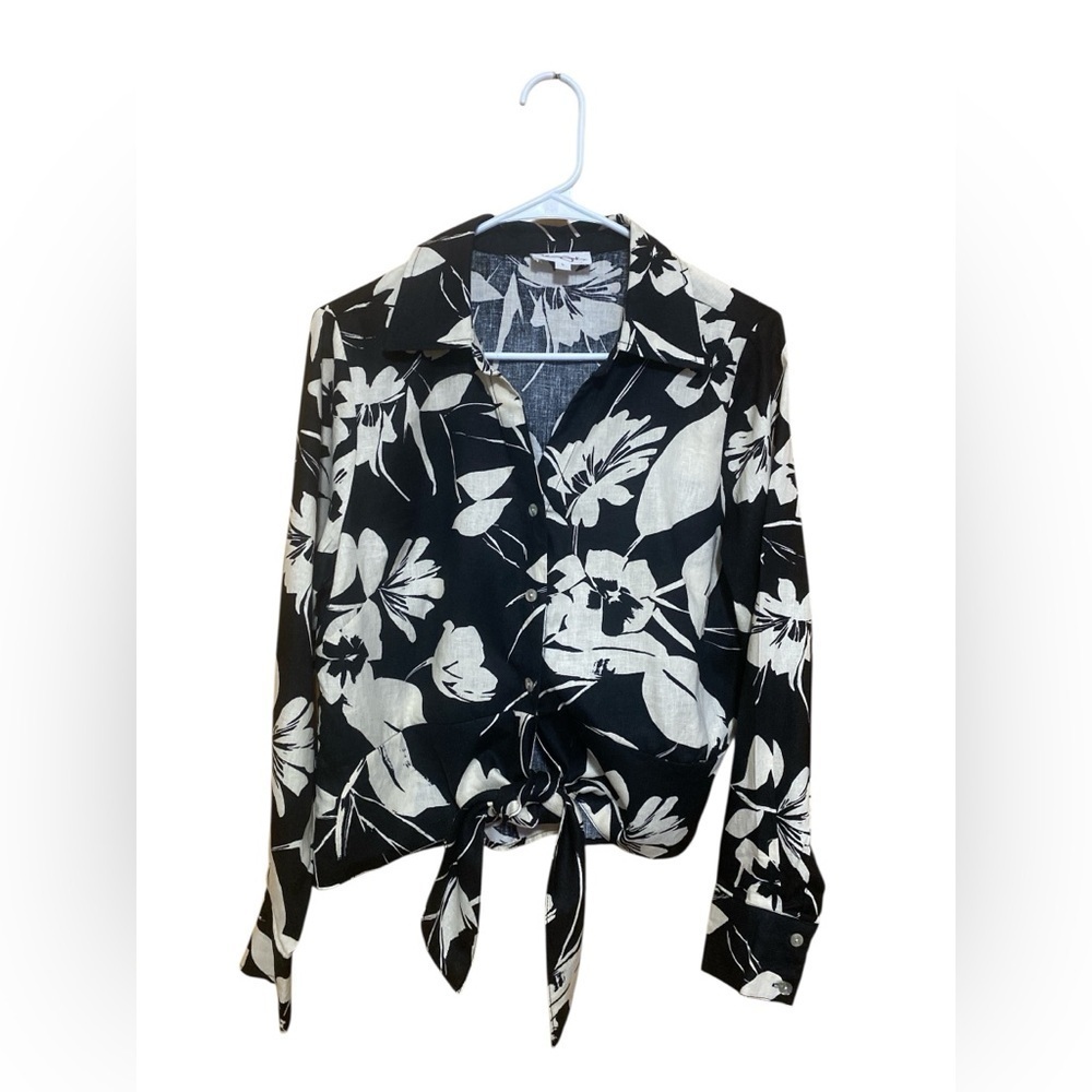 Panama Jack Floral Black & White Hawaiian Women's Top Tie Waist, Linen Blend
